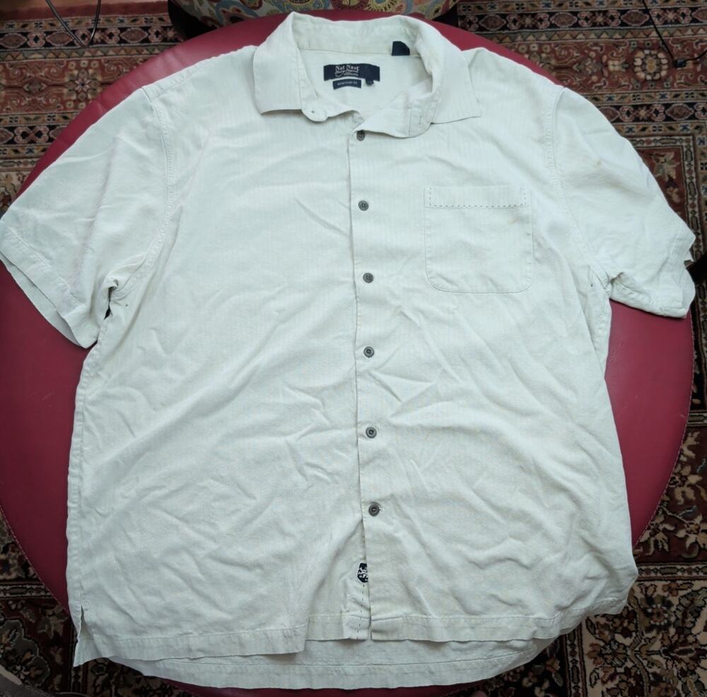 Nat Nast Luxury Originals Silk Short Sleeve Shirt XL Button Up Cream Men's Shirt